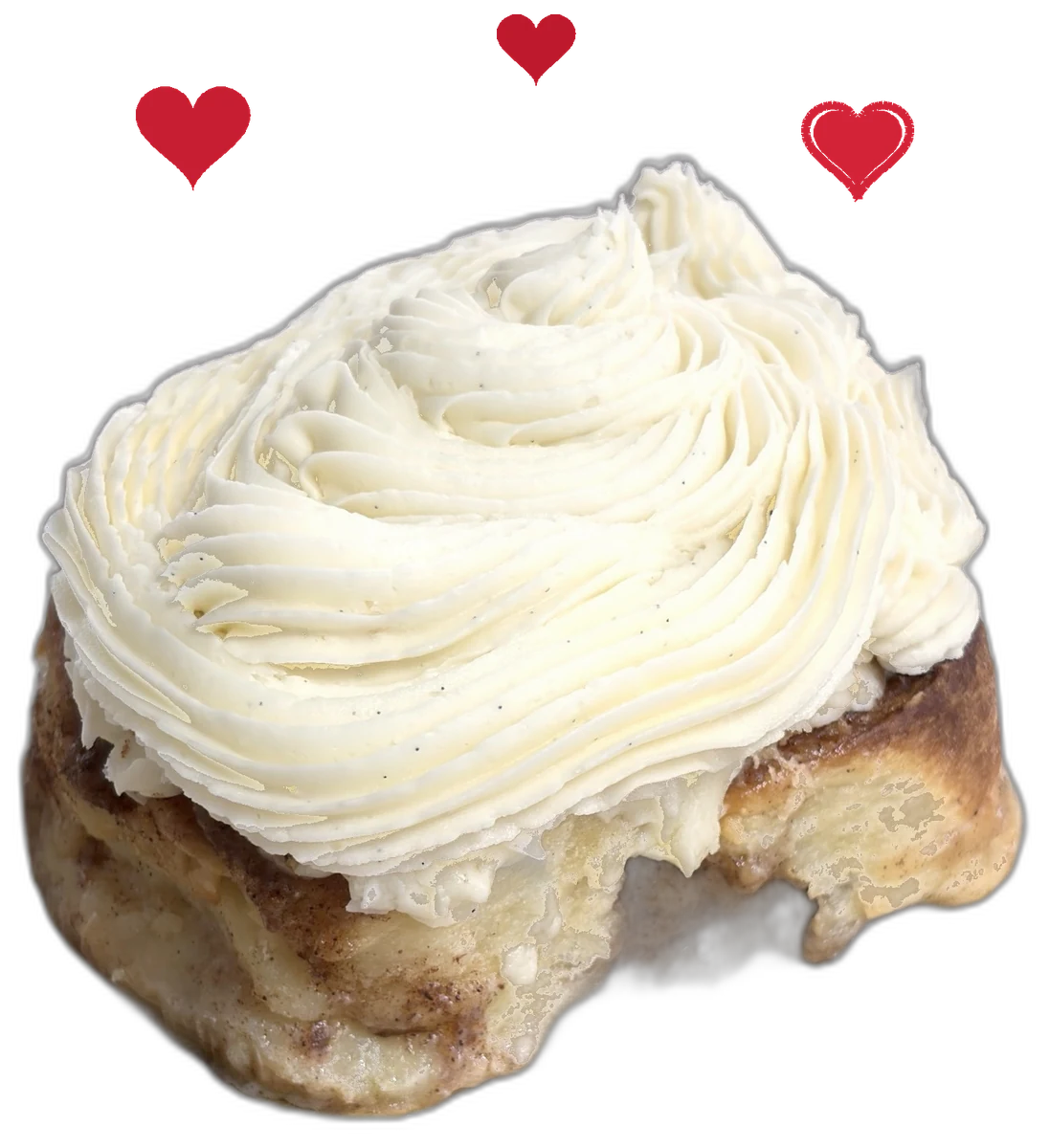 A cinnamon roll with little hearts above it
